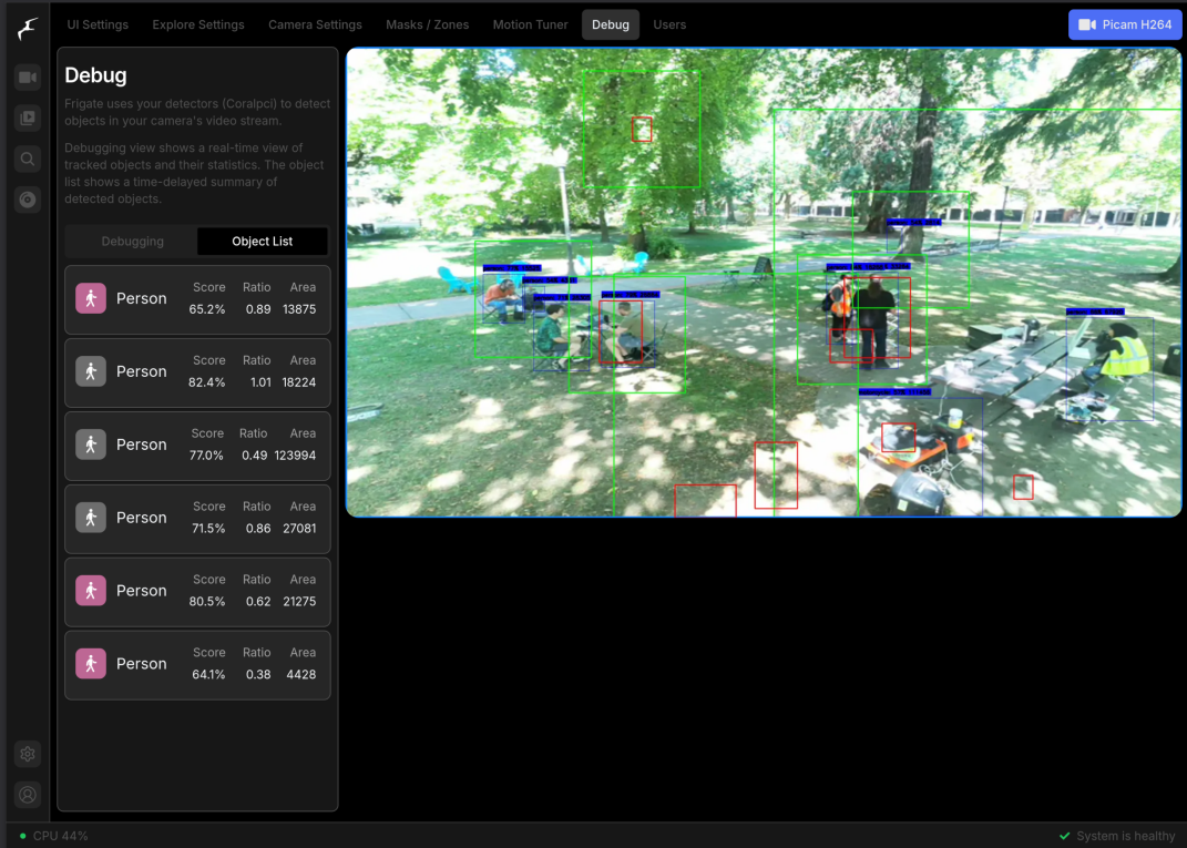 screen shot of Frigate debug interface with detections highlighted