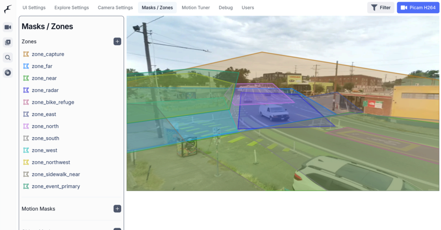 Screen shot of Frigate zones configured with 12 zones drawn on a busy 5-way intersection